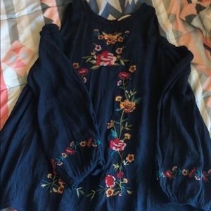 Umgee cold shoulder, embroidered navy blue blouse